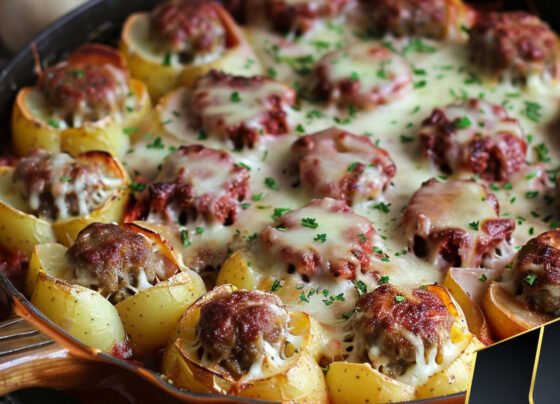 Boil Potatoes And Slice Them. Arrange With Meatballs And Cheese And Bake For A Delicious French Treat prepared at home with simple ingredients and clear steps.