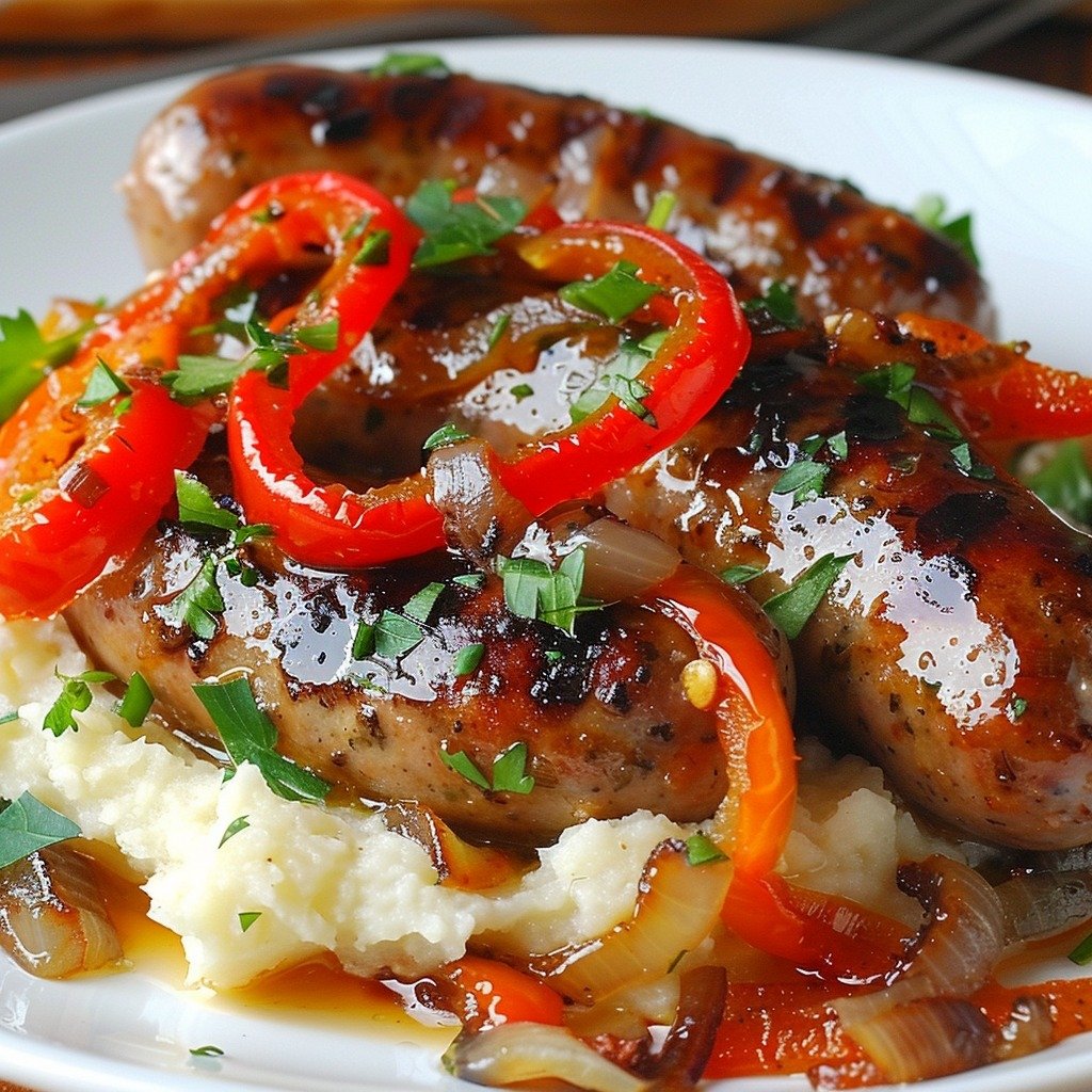 Rustic Italian Sausage with Peppers and Onions over Garlic Mashed Potatoes