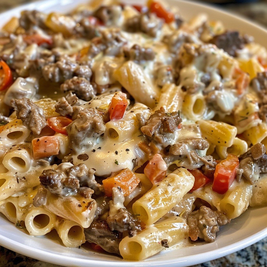 Savory Philly Cheesesteak Pasta with Creamy Provolone Cheese Sauce