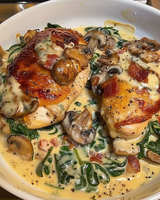 This Smothered Chicken with Creamed Spinach, Bacon, and Mushrooms is the ultimate comfort food!