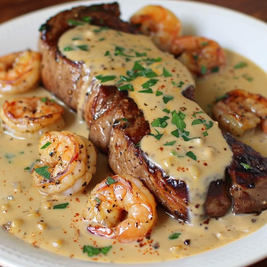 Steak in Creamy Cajun Shrimp Sauce (Surf and Turf)