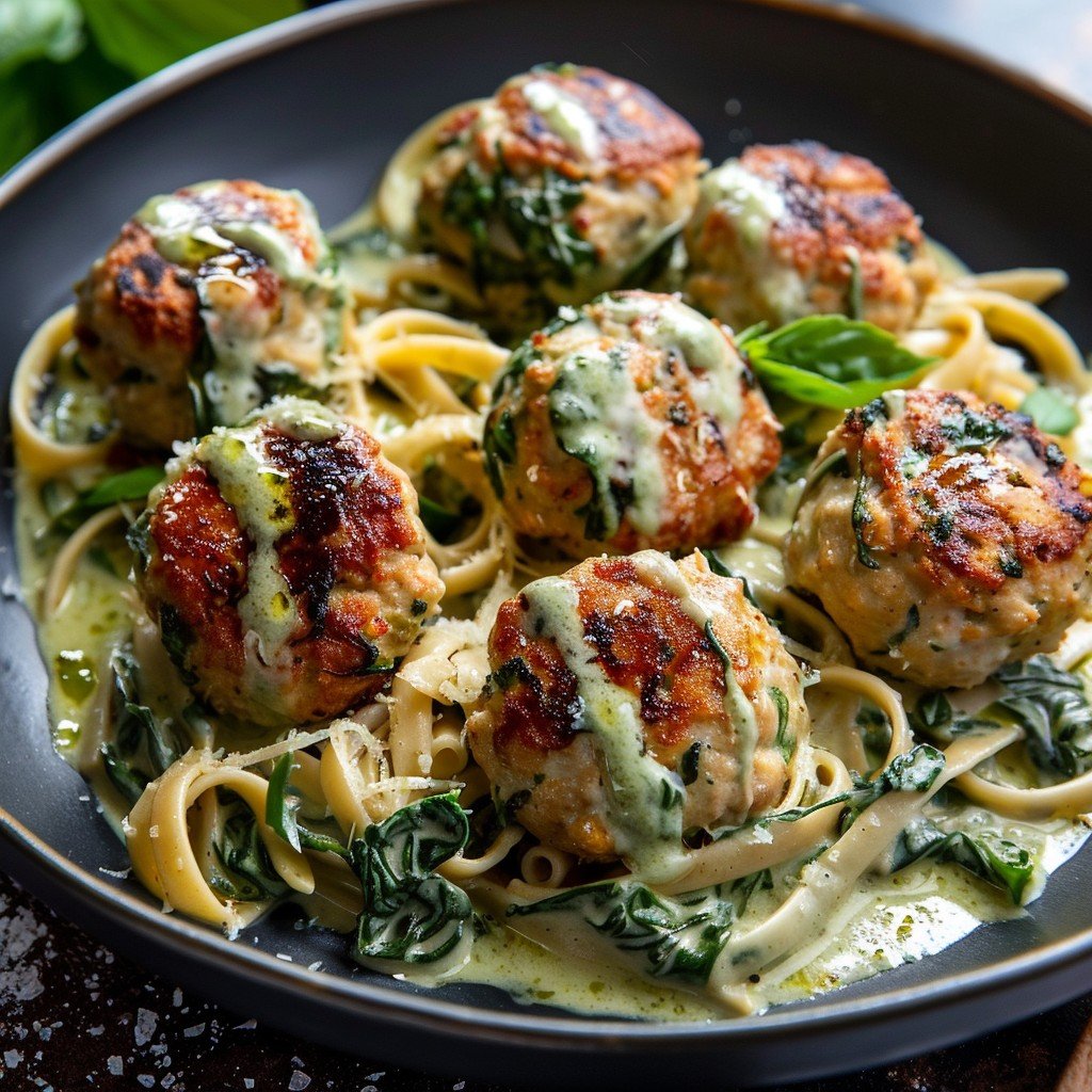 Chicken Ricotta Meatballs with Spinach Alfredo Sauce