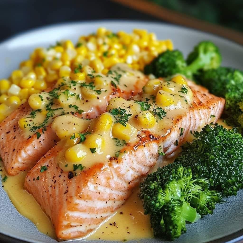 Salmon, Shrimp, Cheesy Broccoli with Corn