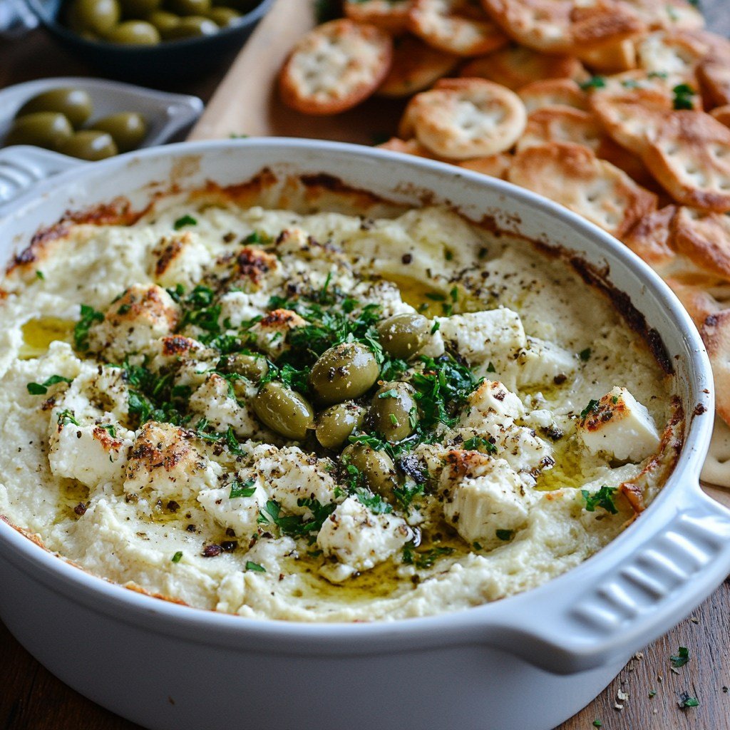 Baked Feta and Artichoke Dip with Olive Gremolata
