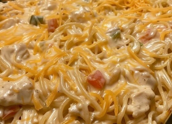 Chicken spaghetti prepared at home with simple ingredients and clear steps.