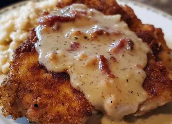 RECIPE NAME: Country Fried Pork Chops with Bacon Gravy prepared at home with simple ingredients and clear steps.