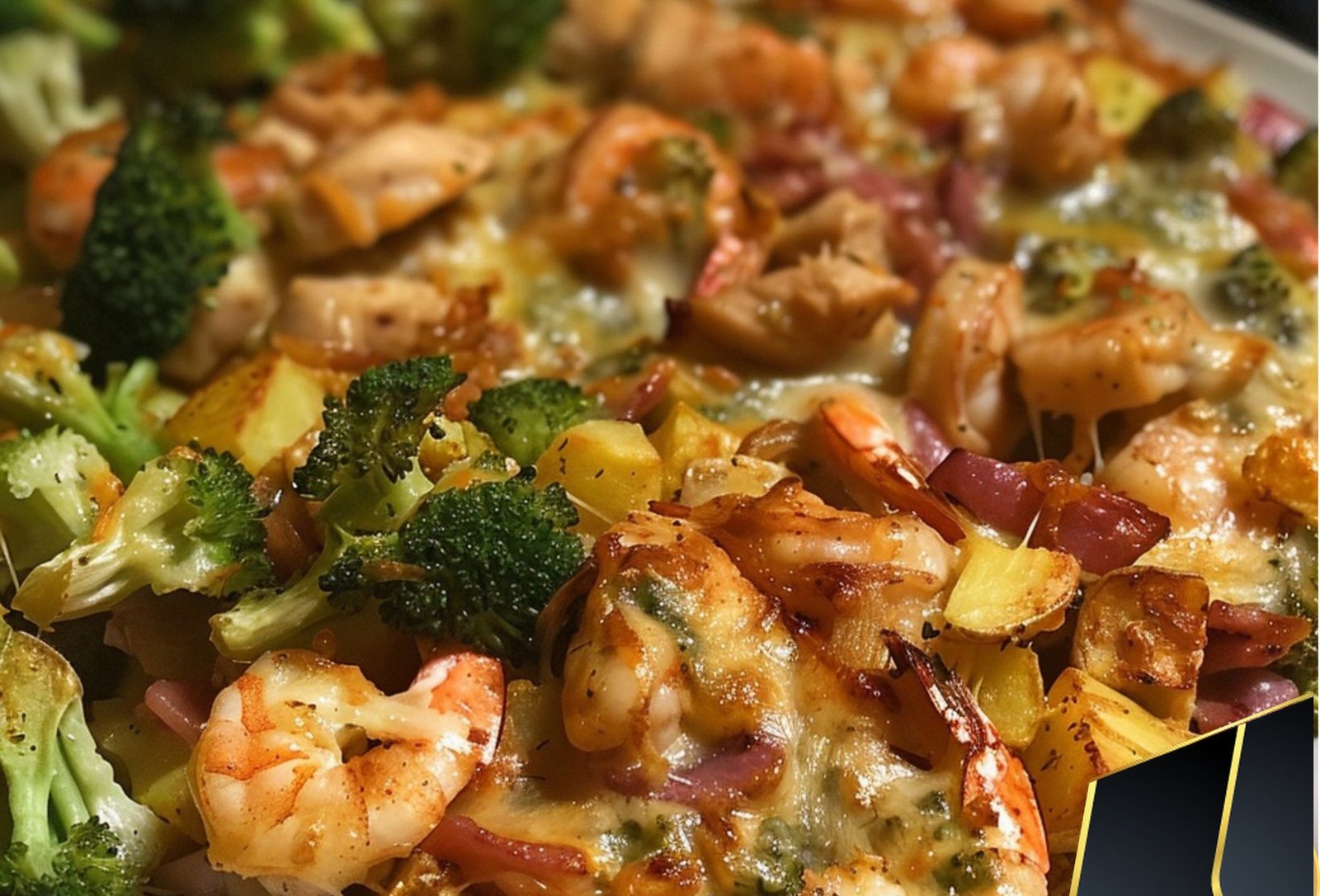 Chicken, Sautéed Shrimp, Red Skin potatoes, Broccoli and a 3 cheese blend