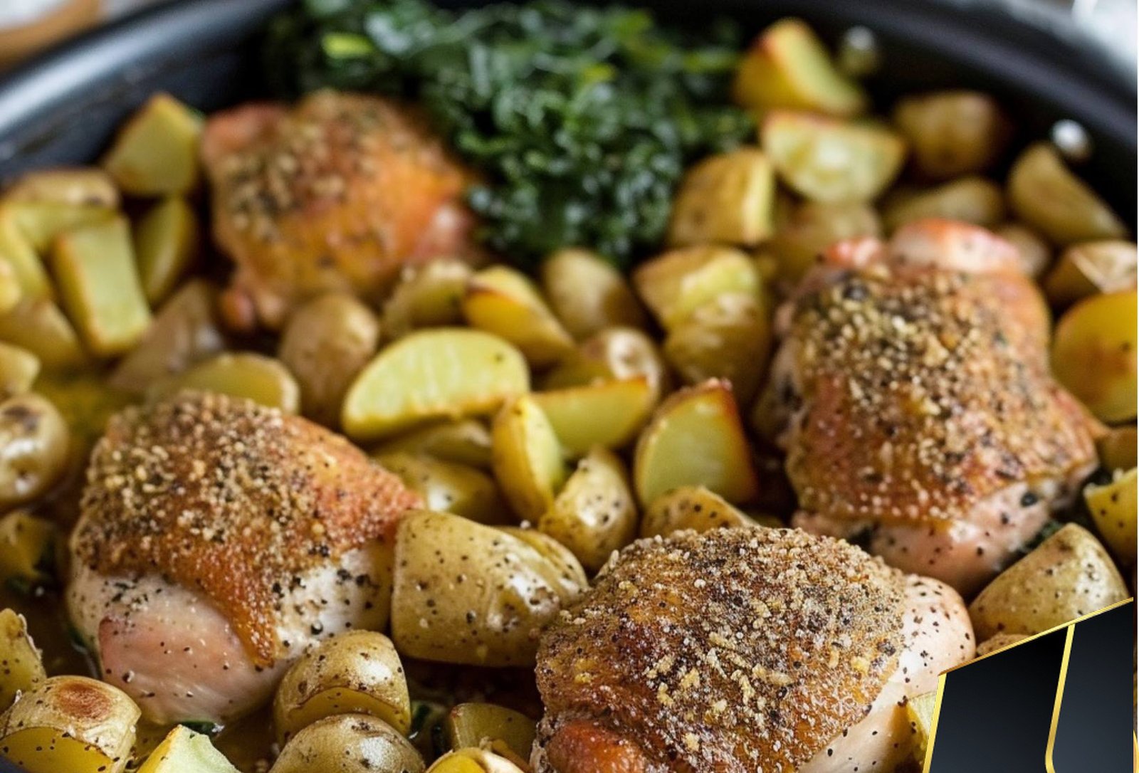 One Pan Chicken Potatoes and Greens