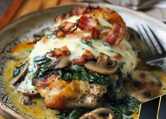 Smothered Chicken with Creamed Spinach Bacon And Mushrooms prepared at home with simple ingredients and clear steps.