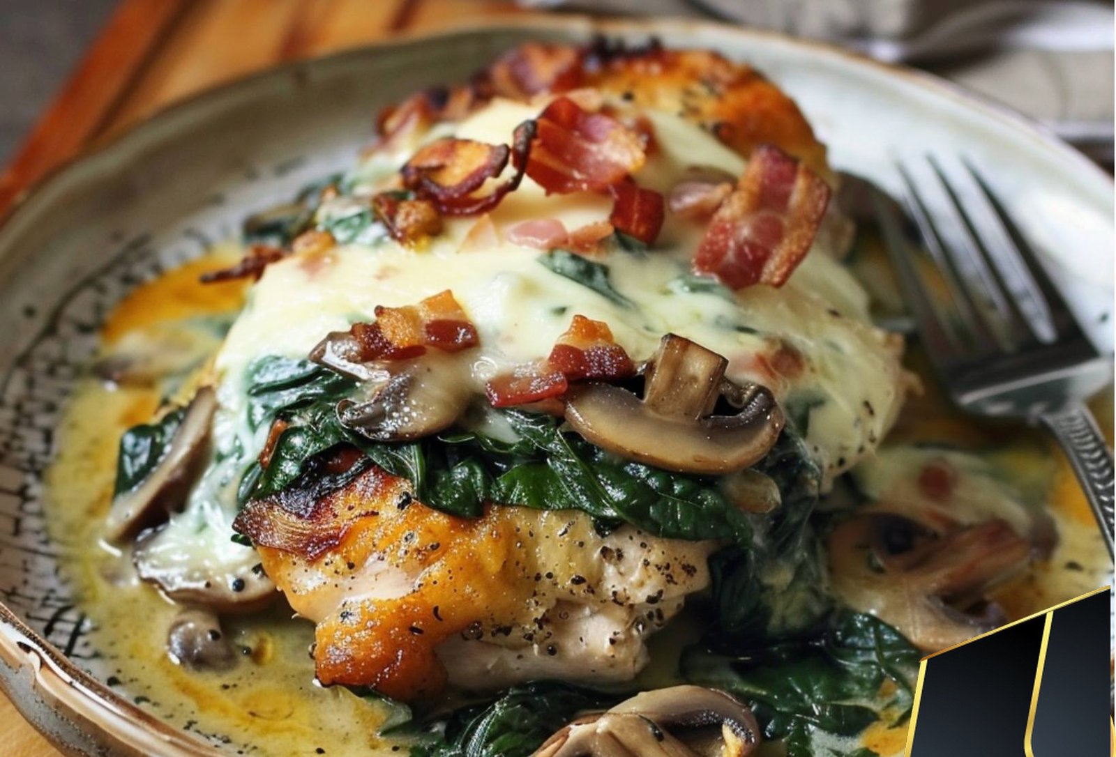 Smothered Chicken with Creamed Spinach Bacon And Mushrooms