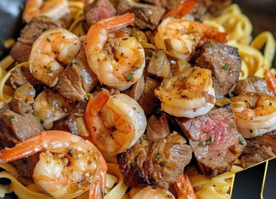 Cajun shrimp and steak alfredo pasta prepared at home with simple ingredients and clear steps.