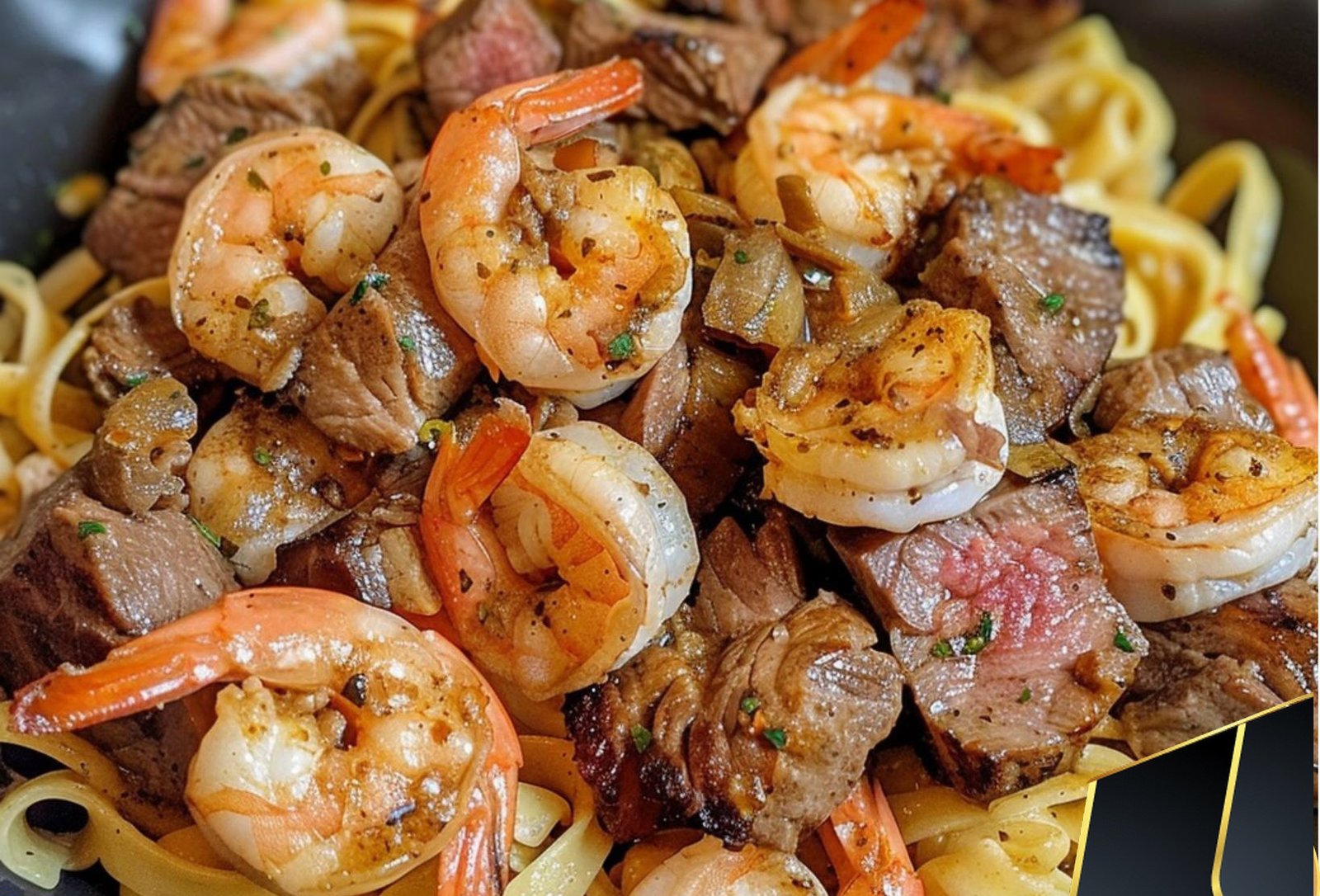 Cajun shrimp and steak alfredo pasta