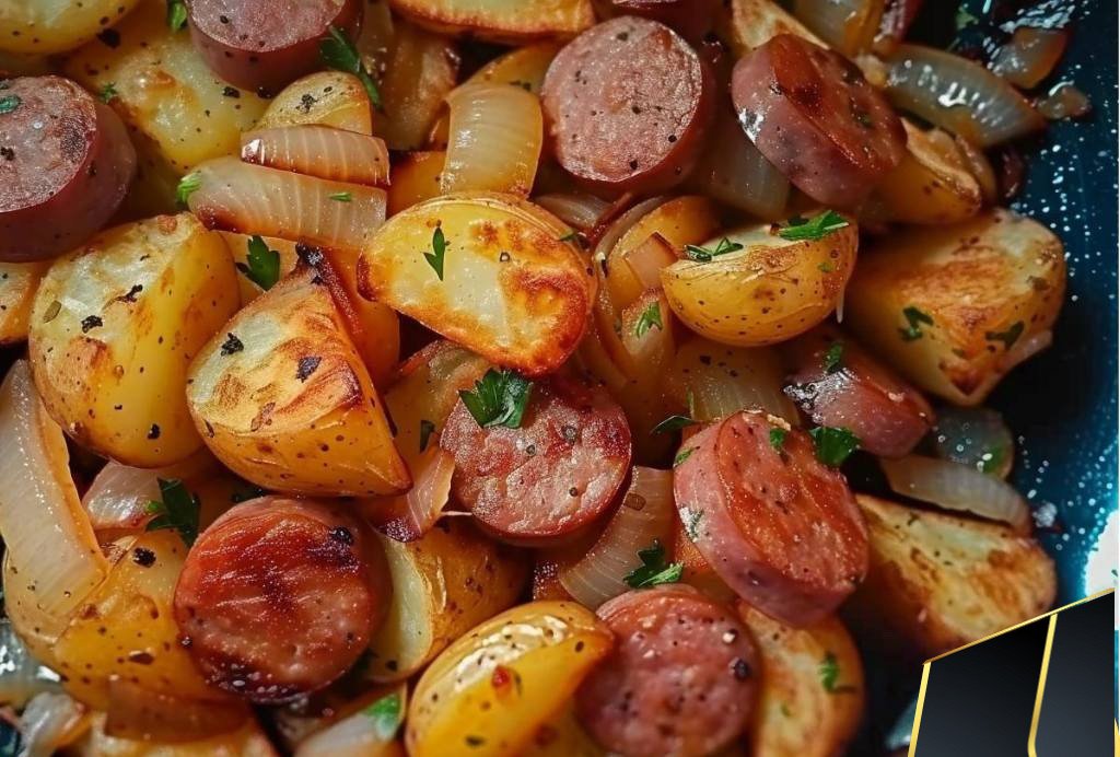 Fried Potatoes Onions And Smoked Polish Sausage